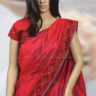 Red Raw Silk Saree with Cutwork