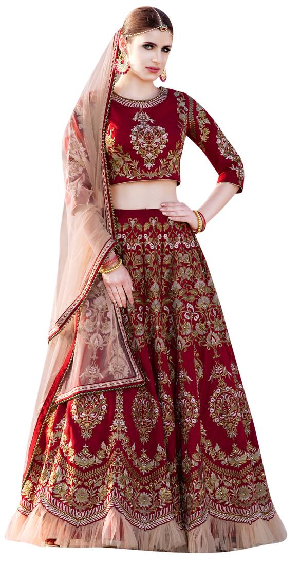 Embroidered unstitched wedding lehenga with dupatta at Mirraw