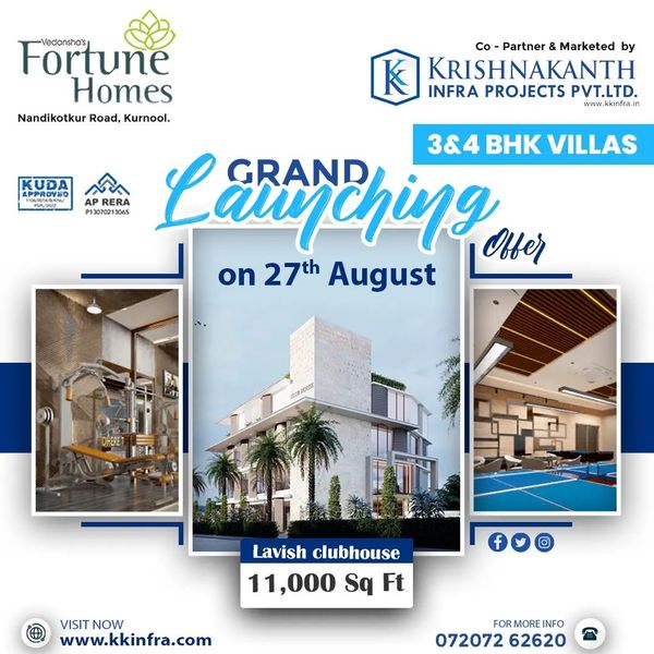 Your Dream Home Awaits: Vedansha's Fortune Homes 3BHK and 4BHK Duplex Villas with Home Theater Near Sudireddy Palli Road, Kurnool