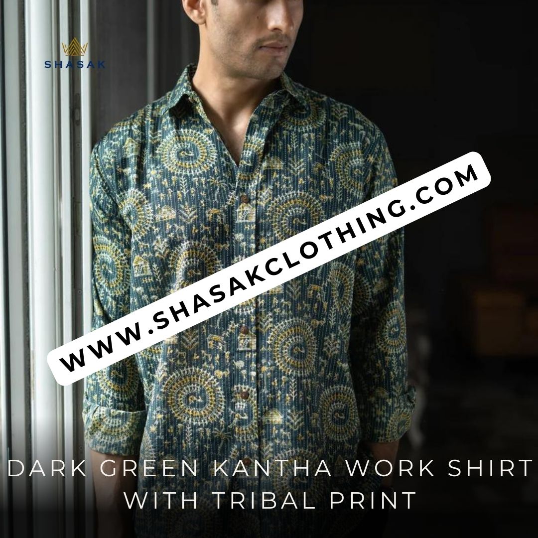 Green Kantha Work Shirt for Men With Tribal Print